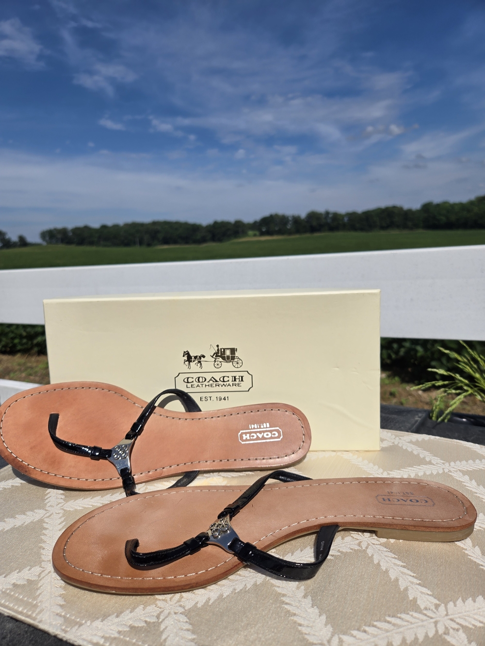 Coach Rachal Black Thong Sandals with Tan Footbed Size 11